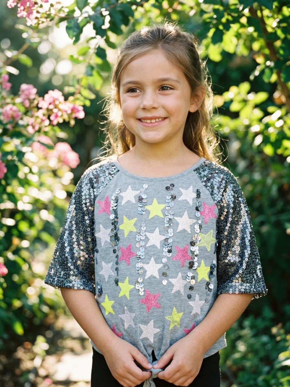 Justice Gray Tee with Silver Sequin Sleeves and Neon Star Print